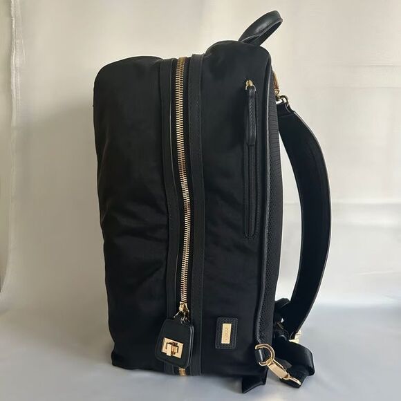 CARAA Large Backpack Black Nylon Leather Trim Gold Hardware Travel Bag 15\